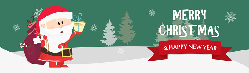 Merry Christmas and Happy New Year green postcard with Santa Claus. Illustration of Santa Claus holding gift sack on background with winter forest. Can be used for postcards, greeting cards, leaflets