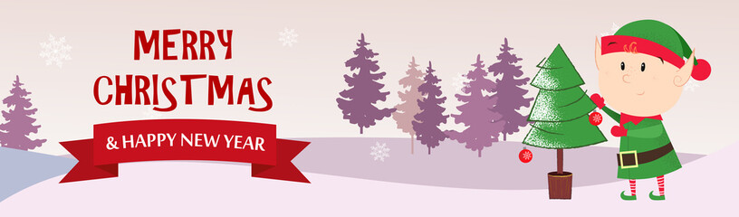 Merry Christmas and Happy New Year pink postcard with elf. Illustration of elf near fir tree on pink background with winter forest. Can be used for postcards, greeting cards, leaflets