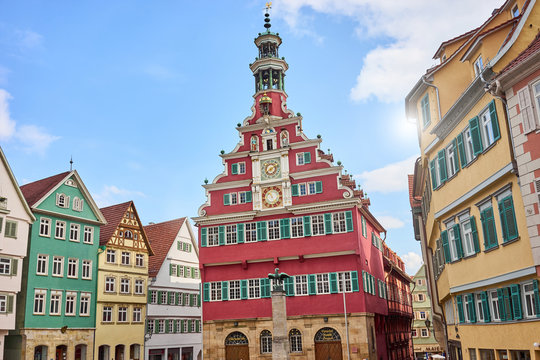 Old Town Hall of Esslingen in Germany / Red facade of medieval building 
