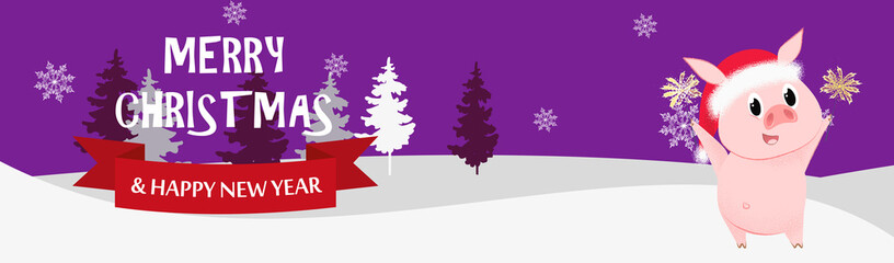 Merry Christmas and Happy New Year purple postcard with piglet. Illustration of piglet holding bengal lights on background with winter forest. Can be used for postcard, greeting card, leaflet