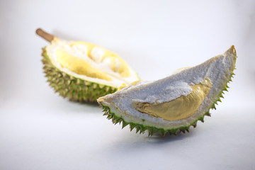 Fresh cut 2 piece of durian on a white background, king of fruit from Thailand
