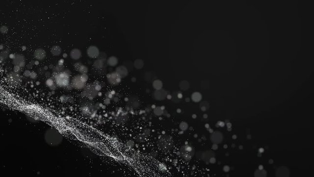 Black digital abstract background with wave white particles, glow sparkles and space with depth of field. Particles form lines, surface and grid. 

