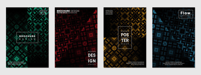 Vector set of cover design template with minimal geometric patterns; Mixed styles - ancient ethnic embroidery and digital pixel art; Modern different color gradient.