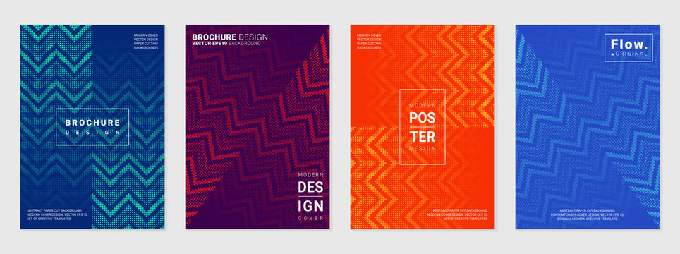 Vector set of cover design template with minimal geometric patterns; Pixel art; Modern different color gradient.