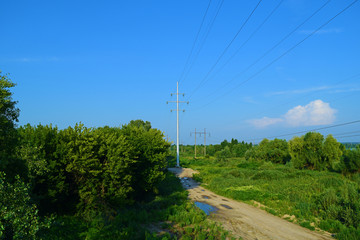 Top view of a long sandy road near the green nature.