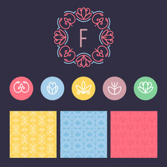 Set of graphic labels, logo and patterns.