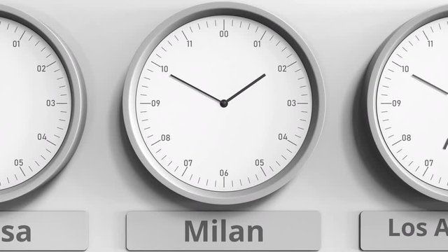 Focus on the clock showing Milan, Italy time. 3D animation