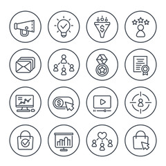 digital marketing icons on white, line vector set