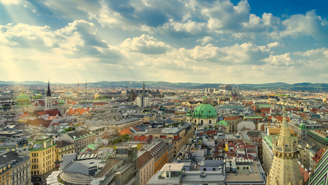 Panoramic view cityscape of Vienna in Summer from the stephansdom cathedral, Austria