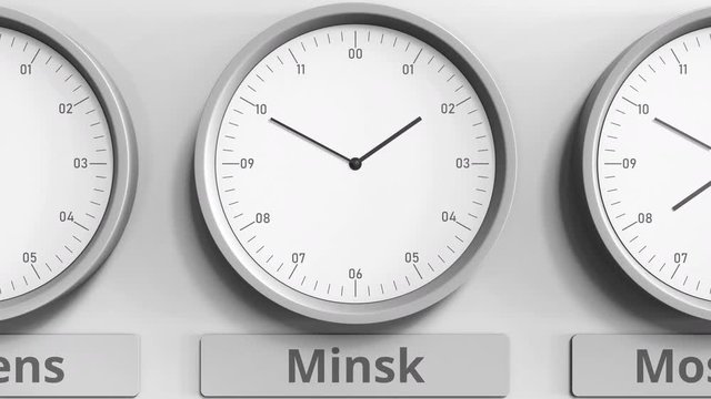 Clock shows Minsk, Belarus time among different timezones. 3D animation