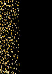 Gold stars falling confetti isolated on black background. Golden abstract random pattern Christmas card, New Year holiday. Shiny confetti paper stars. Glitter explosion. Vector illustration