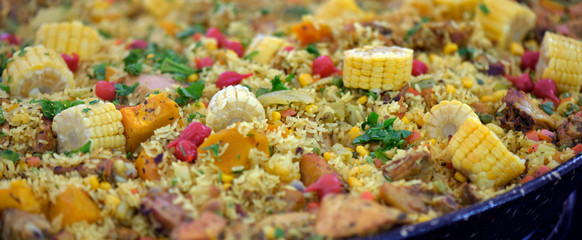 Brazilian cuisine: closeup of galinhada plate