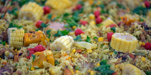 Brazilian cuisine: closeup of galinhada plate