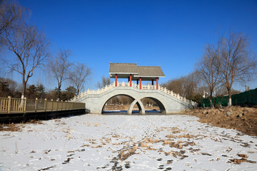 double arch stone bridge in a park