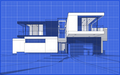3d rendering sketch of modern cozy house with garage for sale or rent. Graphics black line sketch with white spot on blueprint background