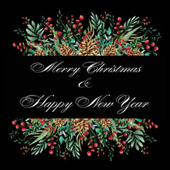 Floral ornament of flowers of beautiful shades. Pattern from leaves of different plants and berries of lingonberry or cranberry. Isolated object.