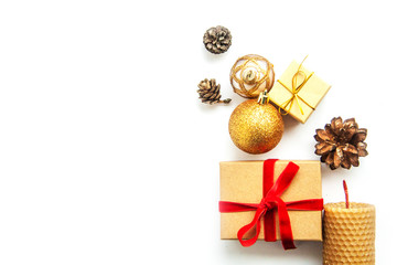 christmas gift  boxes , balls on white  background