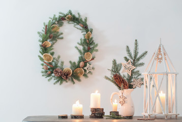 Christmas decoration on background white wall