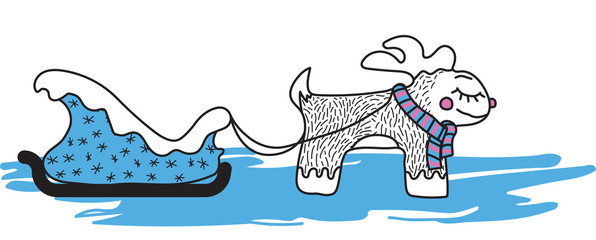 cute Christmas deer in a scarf with a carriage. Vector