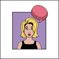 blond woman with speech bubble pop art style