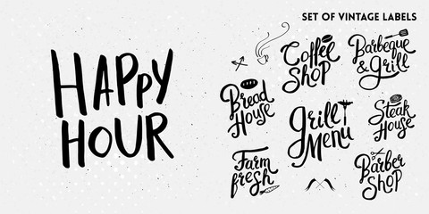 Set of black typographic hand drawn vintage text labels.