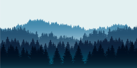 Realistic illustration of coniferous forest on hills in multiple layers, under blue sky and space for text, vector