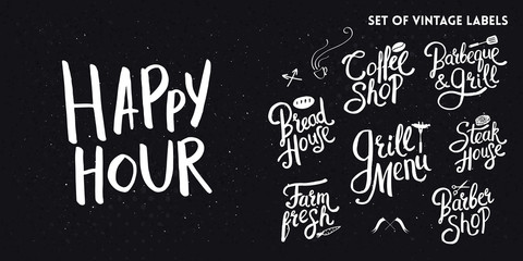 Set of white typographic hand drawn vintage text labels on black.