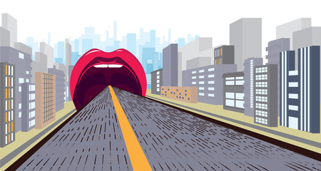 absurd, a road that narrows in perspective and goes into the mouth with pink lips. Against the background of the city and buildings. Pop art, kitsch. vector.