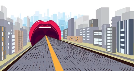 absurd, a road that narrows in perspective and goes into the mouth with pink lips. Against the background of the city and buildings. Pop art, kitsch. vector. © Ангелина Иванько