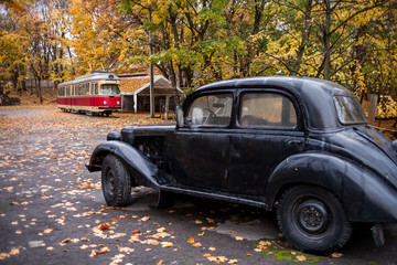 the tram car on the street in autumn