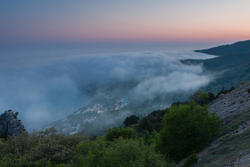 Evening landscape. Top view of the city Katseveli in Crimea, Russia.