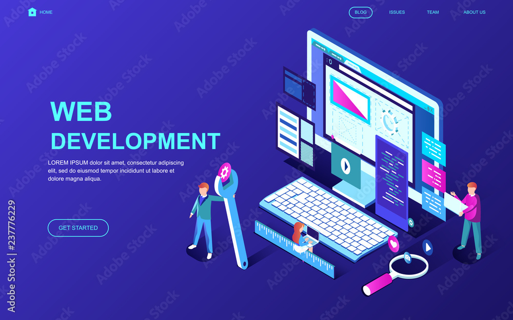 Poster modern flat design isometric concept of web development decorated people character for website and m