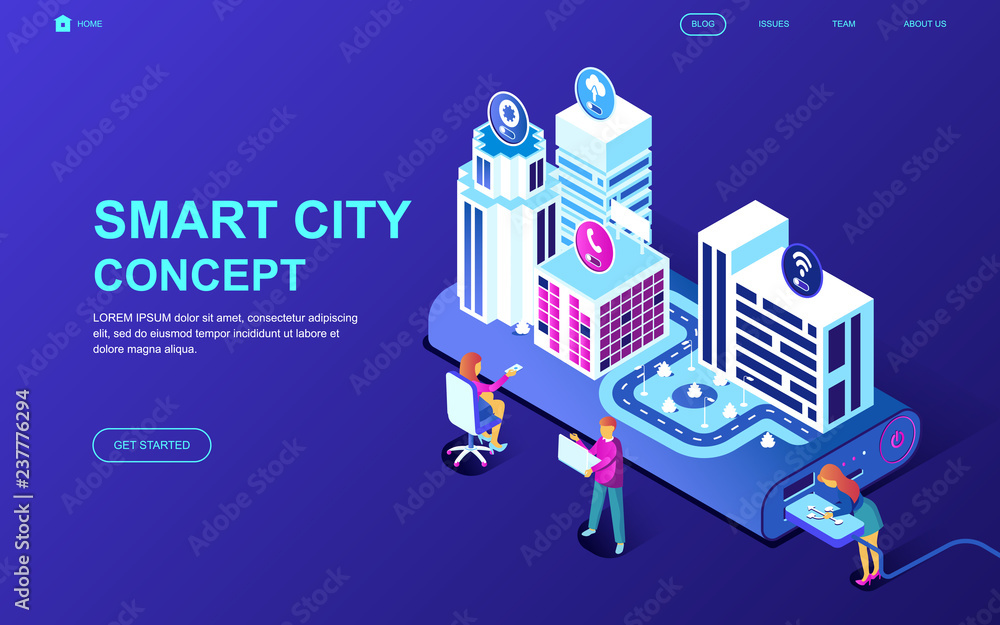 Poster modern flat design isometric concept of smart city technology decorated people character for website