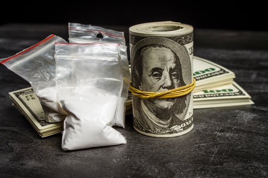 Drugs in a plastic bag near the stoves dollars