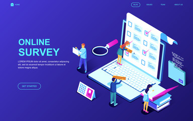 Modern flat design isometric concept of Online Survey decorated people character for website and mobile website development. Isometric landing page template. Vector illustration.