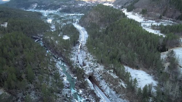 Train Oslo - Bergen in mountains. Hordaland, Norway.