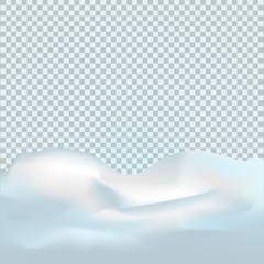 Snowy landscape isolated on dark transparent background. Vector illustration of winter decoration. Snow background. Snowdrift