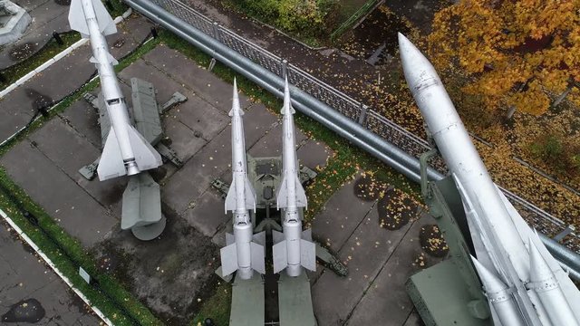 Aerial view Russian anti-aircraft missile system of medium-range air defense. Buk-M3 - a set of air defense of ground forces of medium-range and background self-propelled rocket launcher S-300VM Antey