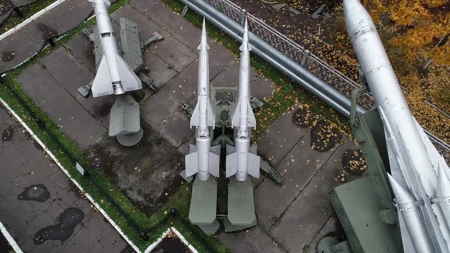 Aerial view Russian anti-aircraft missile system of medium-range air defense. Buk-M3 - a set of air defense of ground forces of medium-range and background self-propelled rocket launcher S-300VM Antey