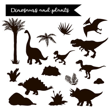 Dinosaur black set with plants isolated over white vector