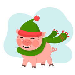 Vector cute pig smile in green hat