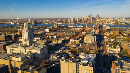 Aerial View Over Camden New Jersey Downtown Philadelphia Visable