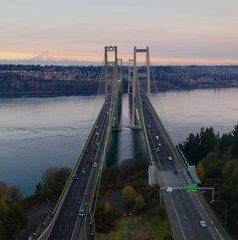Aerial View Tacoma Narrows Bridges over Puget Sound Mount Rainier in the background
