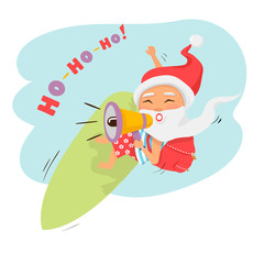 Santa on surfboard with megaphone and gifts