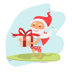 Santa Claus with big gift box in hand riding a surfboard
