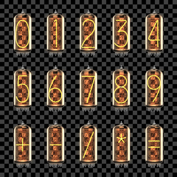 Numbers, math symbols set on tube indicator lamps