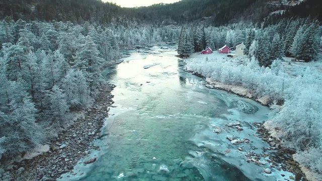 Mountain river in winter. Hordaland, Norway.