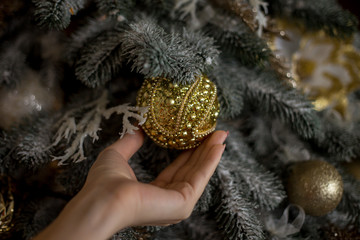 girl is holding a christmas tree toy