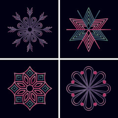 glowing neon snowflakes set in line style isolated on dark background 