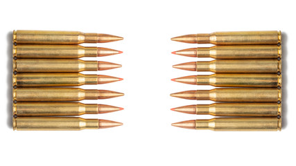 bullet from automatic rifle close up isolate on white background. Background texture